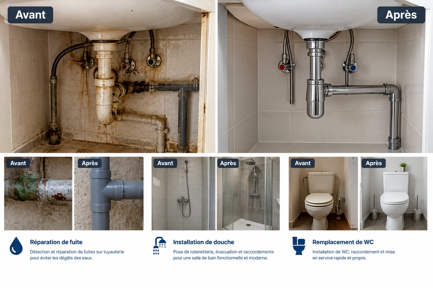 Réparations plomberie : fuite, douche, remplacement de WC