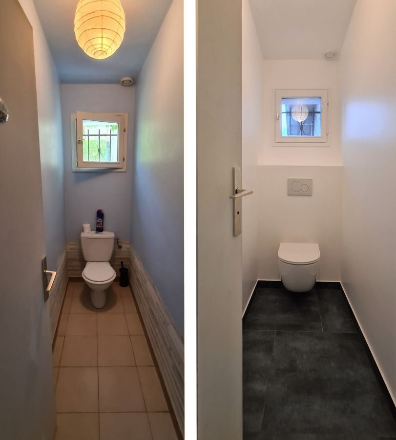WC avant et après rénovation : murs blancs, sol sombre, WC suspendu